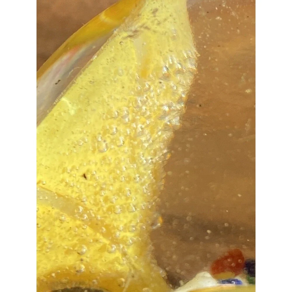 Art Glass Paperweight Yellow Trumpet Flower Blown Bubbles 3” Colorful Floral